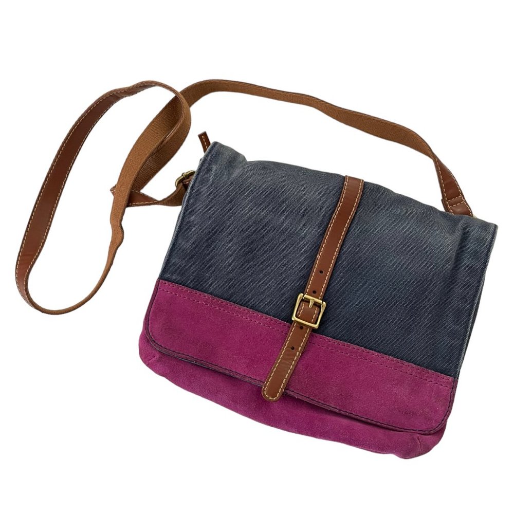 Fossil Taylor Crossbody Purse Bag Fab Navy Magenta Purple Canvas & Suede Leather - Picture 2 of 8